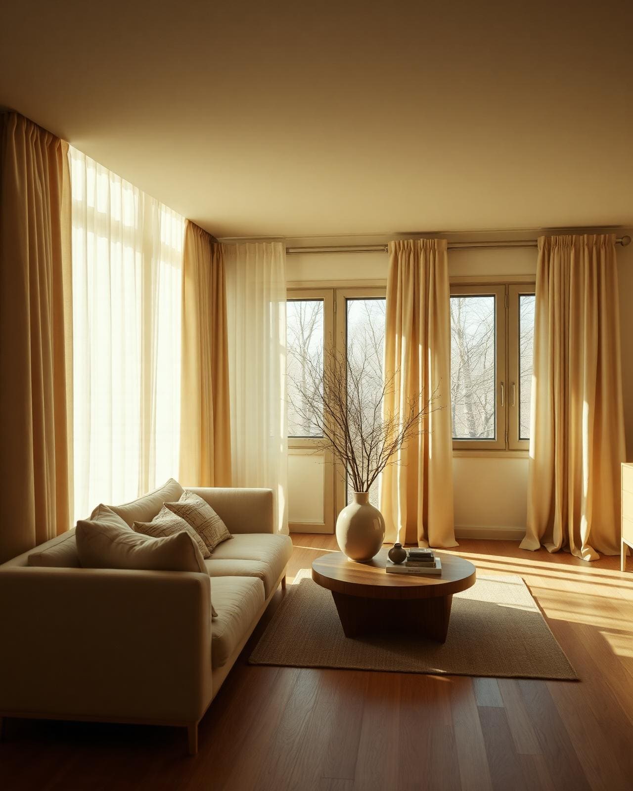 Helles Wohnzimmer mit Leinenvorhängen