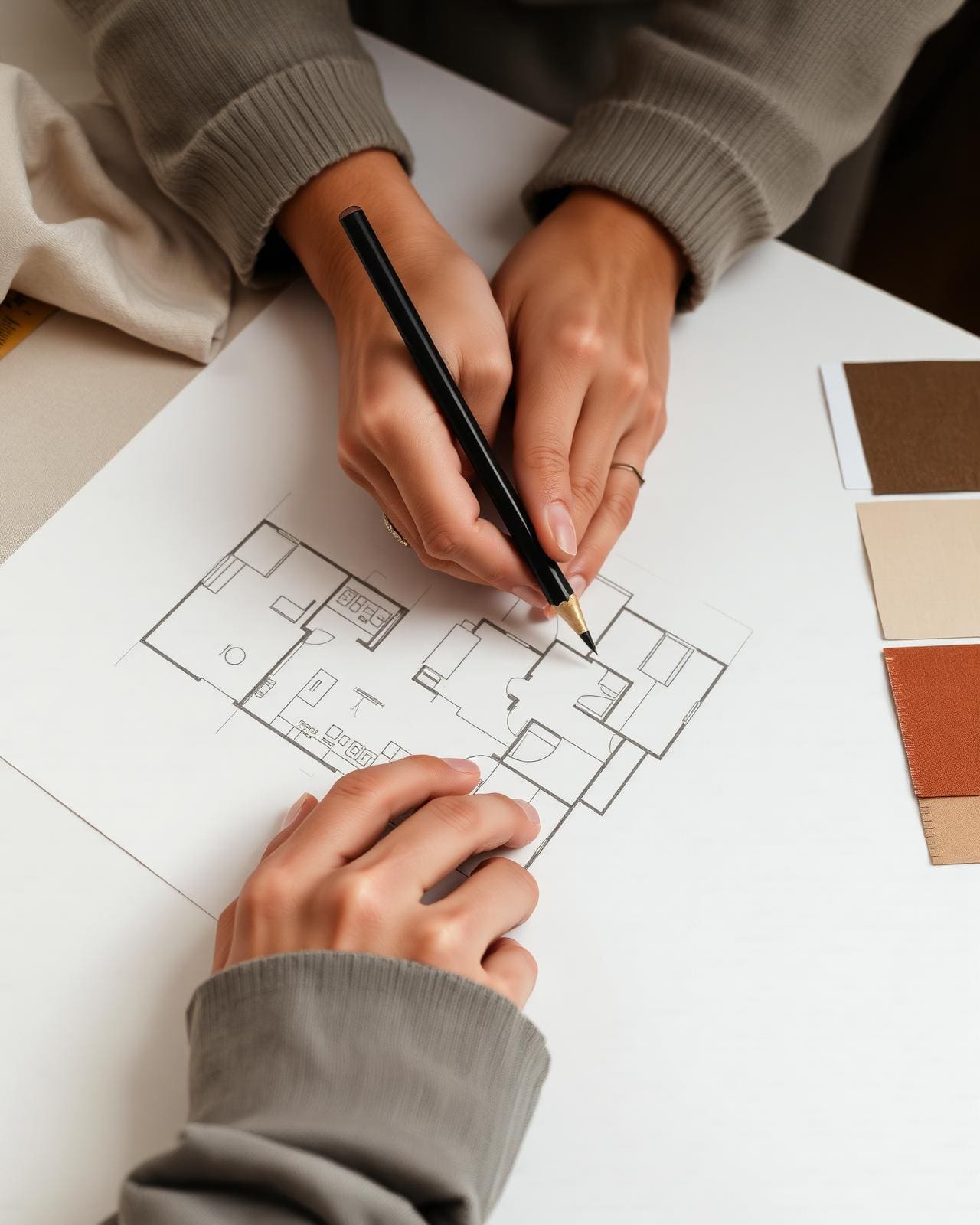 Designerin skizziert Grundriss mit Materialmustern