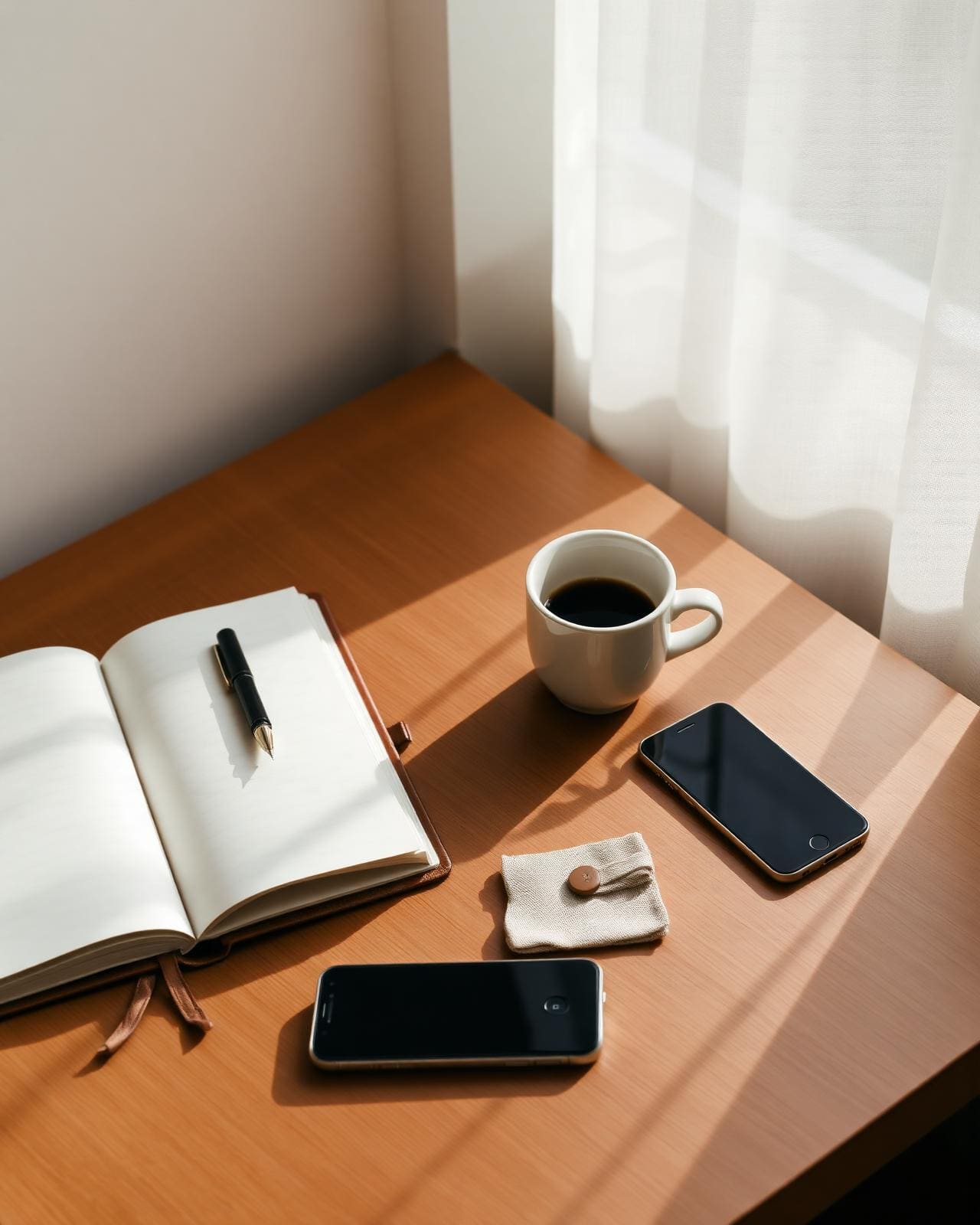 Minimalistischer Schreibtisch mit Notizbuch und Kaffee